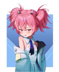 Rule 34 | :p, absurdres, blue archive, blue background, blush, breasts, hair between eyes, highres, horns, jacket, looking at viewer, momoka (blue archive), necktie, pink eyes, pink hair, pointy ears, school uniform, short hair, simple background, small breasts, solo, tongue, tongue out, yangnyeom gejang