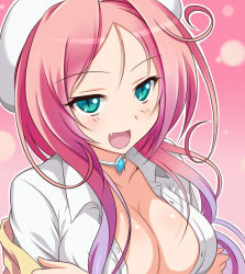 Rule 34 | 1girl, :d, aqua eyes, bad id, bad pixiv id, breast hold, breasts, choker, cleavage, crossed arms, dra+koi, fang, green eyes, heroine (dra+koi), medium breasts, naughty face, no bra, open clothes, open mouth, open shirt, pink hair, shirt, slit pupils, smile, solo, unbuttoned, violetshit