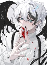 Rule 34 | 1boy, aqua eyes, aqua nails, bishounen, black hair, black nails, blood, earrings, falling petals, flower, highres, jewelry, ka1 (user hkdw4252), long sleeves, looking at viewer, male focus, multicolored hair, open mouth, original, petals, ring, rose, sleeve cuffs, solo, two-tone hair, upper body, white flower, white hair, white rose