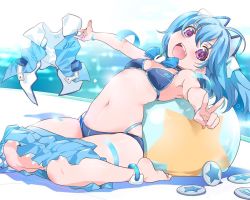 Rule 34 | 1000-chan, 1girl, :d, ahoge, anklet, barefoot, bikini, blue bikini, blue hair, bow, bowtie, breasts, clothes pull, feet, gradient background, hair ornament, inoue sora, jewelry, leaning back, looking at viewer, navel, oizumi, open fly, open mouth, outstretched arms, pleated skirt, sitting, skirt, skirt pull, small breasts, smile, solo, swimsuit, symbol-shaped pupils, twintails, unzipped, v, waifu2x