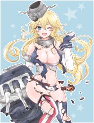 Rule 34 | 10s, 1girl, american flag legwear, blonde hair, blue eyes, blush, breasts, chemaru (a8l), cleavage, elbow gloves, fingerless gloves, gloves, iowa (kancolle), kantai collection, long hair, looking at viewer, navel, one eye closed, open mouth, panties, pantyshot, skirt, solo, thighhighs, torn clothes, torn skirt, torn thighhighs, turret, underwear, white gloves