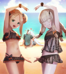 Rule 34 | 1boy, 3girls, abigail williams (fate), armpits, bare shoulders, bikini, black bikini, black bow, blonde hair, blue eyes, blush, bow, breasts, brynhildr (fate), closed mouth, colored skin, dolce (dolsuke), double bun, emerald float, fate/grand order, fate/prototype, fate/prototype: fragments of blue and silver, fate (series), forehead, frilled bikini, frills, hair bow, hair bun, heart arms, horns, lavinia whateley (emerald float) (fate), lavinia whateley (fate), long hair, multiple girls, navel, ocean, official alternate costume, open mouth, orange bow, parted bangs, polka dot, polka dot bow, red eyes, sidelocks, sigurd (fate), single horn, small breasts, smile, swimsuit, white hair, white skin, wide-eyed