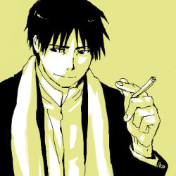 Rule 34 | 1boy, black coat, black eyes, black hair, close-up, coat, fingernails, fullmetal alchemist, holding, looking away, lowres, male focus, mattsu, monochrome, paper, roy mustang, scarf, shaded face, shirt, short hair, simple background, smile, upper body, white shirt, yellow background