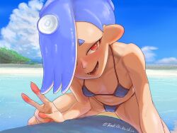 Rule 34 | 1girl, bare shoulders, beach, bikini, blue hair, blue sky, breasts, cloud, cloudy sky, day, looking at viewer, nintendo, open mouth, outdoors, red eyes, shiver (splatoon), sky, small breasts, smile, solo, splatoon (series), splatoon 3, spread legs, suction cups, swimsuit, tanukichikushin, tentacle hair, twitter username, v