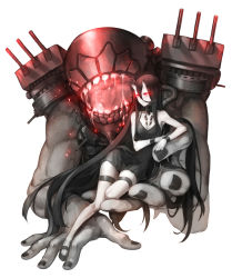 Rule 34 | 10s, 1girl, abyssal ship, bare shoulders, battleship princess, black dress, black footwear, black hair, black neckwear, breasts, cannon, choker, closed mouth, commentary request, dress, fhalei, hair between eyes, horns, kantai collection, legband, long hair, looking to the side, machinery, mary janes, medium breasts, monster, oni, red eyes, shoes, sitting, skin-covered horns, skirt, smile, thigh strap, very long hair, white skirt, wristband