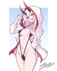 Rule 34 | 1girl, :q, blue background, blush, breasts, commentary request, dated, fate/grand order, fate (series), gradient background, hair between eyes, highres, hood, hooded jacket, horns, jacket, long hair, looking at viewer, medium breasts, navel, oni horns, open clothes, open jacket, red eyes, scarlet zel, signature, slingshot swimsuit, solo, swimsuit, thighs, tomoe gozen (fate), tongue, tongue out, two-tone background, white background, white hair, white jacket