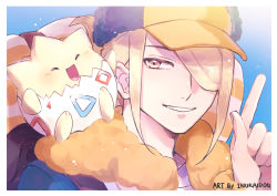 Rule 34 | 1boy, absurdres, blonde hair, blue jumpsuit, blush, border, commentary request, creatures (company), dogdogwanwan, game freak, gen 2 pokemon, hair over one eye, hand up, hat, highres, index finger raised, jumpsuit, male focus, nintendo, on shoulder, parted lips, pokemon, pokemon (creature), pokemon legends: arceus, pokemon on shoulder, short hair, smile, togepi, volo (pokemon), white border, yellow headwear