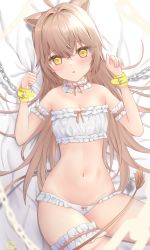 Rule 34 | 1girl, absurdres, ahoge, animal ears, arm garter, bandeau, bare shoulders, bound, bra, brown hair, choker, cuffs, frilled bra, frilled choker, frilled panties, frills, handcuffs, hands up, highres, indie virtual youtuber, bridal garter, lion ears, lion girl, lion tail, long hair, looking at viewer, lying, navel, on back, panties, parted lips, restrained, rurudo lion, solo, stomach, strapless, strapless bra, tail, tube top, underwear, underwear only, uni ikura, very long hair, virtual youtuber, white bra, white panties, yellow eyes