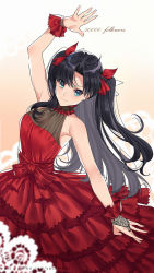Rule 34 | 1girl, arm up, bare shoulders, black hair, blue eyes, bow, breasts, bridal gauntlets, closed mouth, dress, fate/stay night, fate (series), gradient background, hair bow, highres, long hair, looking at viewer, medium breasts, red bow, red dress, smile, solo, tohsaka rin, two side up, wrist cuffs, yaoshi jun