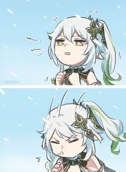 Rule 34 | 1girl, 2koma, bare shoulders, closed eyes, comic, commentary request, genshin impact, green eyes, green hair, highres, long hair, multicolored hair, nahida (genshin impact), open mouth, side ponytail, sneezing, streaked hair, upper body, white hair, xinzoruo