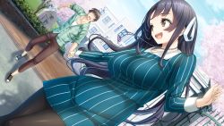 Rule 34 | 1girl, black eyes, blue hair, breasts, building, cloud, dress, dutch angle, eyebrows, game cg, happy, hitsuji takako, holding hands, itsugaya kanade, jewelry, large breasts, legs, lip kiss, long hair, long sleeves, looking back, mikoto akemi, necklace, no eyes, open mouth, original, outdoors, pantyhose, shoes, sky, smile, standing, striped clothes, striped dress, thighs, tree, unasaka ryou, walking