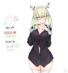 Rule 34 | 1girl, alternate costume, alternate hairstyle, antlers, arms behind head, black-framed eyewear, black shirt, blush, breasts, ceres fauna, cleavage, commentary, cowboy shot, dress shirt, english commentary, glasses, green hair, hair ribbon, highres, hololive, hololive english, horns, large breasts, like and retweet, long hair, looking at viewer, ma draws, maid, maid headdress, meme, mole, mole under eye, navel, partially unbuttoned, ribbon, shirt, signature, simple background, smile, solo, thighhighs, thighs, twintails, twitter strip game (meme), undressing, virtual youtuber, white background, white ribbon, white thighhighs, yellow eyes