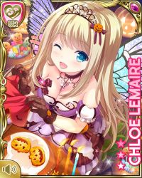 Rule 34 | 1girl, black thighhighs, blonde hair, blue eyes, bow, breasts, card (medium), character name, chloe lemaire, cleavage, costume, dress, fairy, fairy wings, from above, girlfriend (kari), halloween, long hair, official art, one eye closed, open mouth, outdoors, purple bow, purple dress, qp:flapper, smile, solo, striped bow, striped clothes, striped thighhighs, tagme, thighhighs, wings, wink