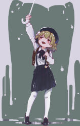 Rule 34 | 1girl, akamidoriao (rgb), alternate eye color, arm up, backpack, bag, beret, black footwear, black hat, black ribbon, black skirt, blush, brown hair, collared shirt, fang, flower, full body, green background, hair flower, hair ornament, hair ribbon, hat, hatoba tsugu, highres, holding, holding strap, holding umbrella, long sleeves, looking up, mole, mole under eye, open mouth, pantyhose, pleated skirt, puddle, red eyes, ribbon, shirt, shirt tucked in, shoes, short hair, simple background, single hair ring, skin fang, skirt, smile, solo, standing, tsugu (vtuber), umbrella, virtual youtuber, white flower, white pantyhose, white shirt