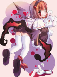 Rule 34 | 1girl, bad id, bad pixiv id, black footwear, black hairband, black skirt, blush, brown hair, capelet, commentary request, demon wings, detached wings, full body, giving up the ghost, grin, hair between eyes, hairband, hizukiryou, long sleeves, looking at viewer, looking back, original, rabbit, red eyes, shoes, short hair, skirt, smile, solo, thighhighs, white background, white capelet, white thighhighs, wings