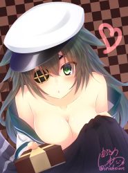 Rule 34 | 10s, 1girl, :o, absurdres, bare shoulders, blush, box, breasts, checkered background, cleavage, collarbone, eyebrows, eyepatch, eyes visible through hair, gift, gift box, green eyes, hair between eyes, hat, heart, highres, holding, holding gift, kantai collection, kiso (kancolle), long hair, looking at viewer, loose clothes, loose shirt, murasame shia, no bra, off shoulder, peaked cap, shadow, shirt, signature, solo, tail ein, upper body, valentine