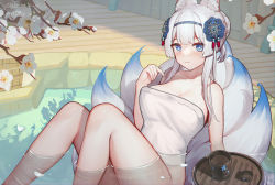 Rule 34 | 1girl, absurdres, animal ears, bare arms, bare shoulders, bathing, blue eyes, blue hairband, blush, breasts, character request, cleavage, clover theater, commentary, commission, cup, english commentary, flower, fox ears, fox girl, fox tail, hair ornament, hairband, hand up, highres, jean.organ, kitsune, large breasts, looking at viewer, multiple tails, naked towel, solo, tail, towel, water, white flower, white hair