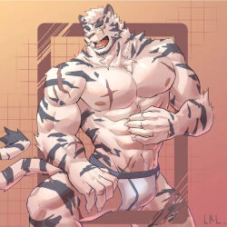 Rule 34 | 1boy, animal ears, arknights, artist request, bara, briefs, bulge, facial hair, feet out of frame, furry, furry male, goatee, highres, large pectorals, looking to the side, male focus, male underwear, mountain (arknights), muscular, muscular male, pectorals, scar, scar across eye, short hair, solo, thick eyebrows, tiger boy, tiger ears, tiger stripes, underwear, wet, wet clothes, wet male underwear, white fur, white hair