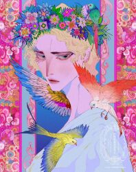 Rule 34 | 1boy, absurdres, animal, animal on shoulder, artist name, bird, bird on shoulder, blonde hair, blue eyes, closed mouth, colored skin, colorful, flower, head wreath, highres, long eyelashes, looking at viewer, male focus, multicolored background, original, parrot, parted lips, pink skin, shirt, short hair, solo, upper body, watermark, white flower, white shirt, yashiro nanaco