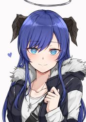 Rule 34 | 1girl, absurdres, arknights, black jacket, blue eyes, blue hair, blush, collarbone, commentary request, fur-trimmed jacket, fur trim, grey background, halo, heart, highres, horns, jacket, long hair, looking at viewer, mango (mgo), mostima (arknights), shirt, simple background, smile, solo, upper body, white shirt