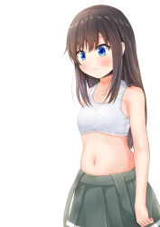 Rule 34 | 1girl, asashio (kancolle), black hair, blue eyes, bra, breasts, collarbone, comiching, commentary request, cowboy shot, grey skirt, highres, kantai collection, long hair, looking down, navel, pleated skirt, simple background, skirt, small breasts, solo, suspender skirt, suspenders, training bra, underwear, white background