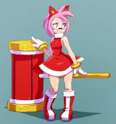 Rule 34 | 1girl, amy rose, animal ears, antenna hair, boots, bracelet, breasts, cat ears, dress, fake animal ears, full body, gloves, green hair, hairband, hammer, huge weapon, jewelry, knee boots, koi drake, mallet, pink hair, red dress, safety glasses, simple background, sleeveless, sleeveless dress, small breasts, smile, solo, sonic (series), tinted eyewear, visor, weapon, white gloves, yellow-tinted eyewear