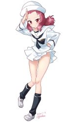 Rule 34 | 1girl, artist name, blush, breasts, closed mouth, collarbone, dated, dress, full body, girls und panzer, hat, highres, kuzuryuu kennosuke, looking at viewer, miniskirt, red eyes, red hair, rosehip (girls und panzer), sailor dress, salute, short hair, simple background, skirt, small breasts, smile, solo, white background, white hat, white skirt