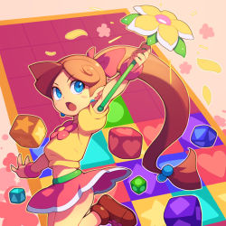 Rule 34 | 1girl, blue eyes, bow, bracelet, brown footwear, brown hair, earrings, fingernails, flower, hair bobbles, hair bow, hair ornament, heart, holding, holding wand, jewelry, leg up, lip (panel de pon), long hair, low-tied long hair, metata, miniskirt, navel, outline, outstretched arm, panel de pon, panties, pantyshot, petals, pink bow, pink skirt, ponytail, puffy short sleeves, puffy sleeves, shirt, shoes, short sleeves, skirt, solo, underwear, very long hair, wand, white panties, yellow flower, yellow shirt