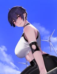 Rule 34 | 1girl, black leggings, blue sky, breasts, closed mouth, dated commentary, dutch angle, hunyan, large breasts, leggings, light smile, looking at viewer, original, purple hair, red eyes, short hair, sitting, sky, solo, tank top, white tank top
