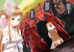 Rule 34 | 1girl, 3boys, animankan, arm under breasts, armor, ass, asuna (sao), bare shoulders, breasts, brown eyes, brown hair, character request, cleavage, commentary request, dress, facial tattoo, full armor, hair ornament, heart, highres, large breasts, long hair, multiple boys, multiple views, open mouth, red armor, red sky, red theme, shiny skin, sitting, sky, speech bubble, sword art online, tattoo, titania (sao), translation request, white dress
