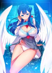 Rule 34 | 10s, 1girl, alternate breast size, angel wings, between breasts, blue eyes, blue hair, bow, bow bra, bra, breasts, breasts out, cameltoe, cleavage, closed mouth, grey skirt, hair bun, heart, highres, hugtto! precure, lace, lace-trimmed bra, lace trim, large breasts, long hair, looking at viewer, necktie, necktie between breasts, panties, precure, red necktie, rumo, single hair bun, sitting, skirt, smile, solo, underwear, white bra, white panties, white wings, wings, yakushiji saaya