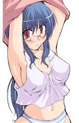 Rule 34 | 1girl, blue hair, blue panties, blush, glasses, highres, original, panties, red eyes, ryo (liver sashi daisuki!), solo, striped clothes, striped panties, tank top, underwear, underwear only, undressing