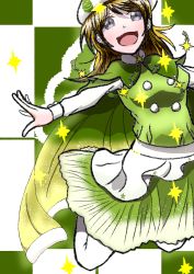 Rule 34 | 1girl, absurdres, artist name, artist request, beret, blush, breasts, brown hair, cape, capelet, checkered background, dress, female focus, fur collar, fur trim, green cape, green capelet, green dress, green skirt, hair between eyes, hat, highres, jumping, koizumi hanayo, layered skirt, long sleeves, looking at viewer, love live!, love live! school idol project, medium breasts, miniskirt, outstretched arms, parted lips, plaid, plaid dress, plaid skirt, pleated, pleated dress, pleated skirt, purple eyes, short hair, skirt, smile, solo, sparkle print, spread arms, star (symbol), star print, white background, white hat