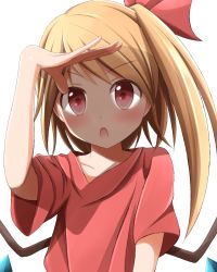 Rule 34 | 1girl, blonde hair, bow, flandre scarlet, hair bow, hand over face, kuroganeruto, open mouth, oversized clothes, red eyes, red shirt, shirt, side ponytail, solo, touhou, white background, wings