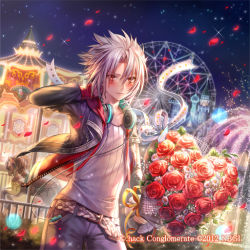 Rule 34 | .hack//, .hack//g.u., 00s, 1boy, belt, blush, bouquet, carnival, carousel, contemporary, cowboy shot, ferris wheel, flower, guilty dragon, haseo (.hack//), jacket, male focus, pants, petals, red eyes, red rose, rose, shirt, solo, spiked hair, ueooo, white hair, white shirt