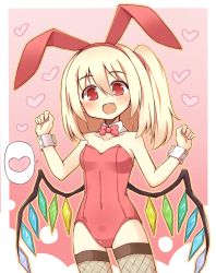 Rule 34 | 1girl, :d, alternate costume, animal ears, bare shoulders, blonde hair, blush, bow, bowtie, fangs, fishnet thighhighs, fishnets, flandre scarlet, hairband, heart, heart background, highres, kikiriri, leotard, looking at viewer, md5 mismatch, open mouth, pink background, playboy bunny, rabbit ears, red eyes, short hair, side ponytail, smile, solo, speech bubble, spoken heart, thighhighs, touhou, wings, wrist cuffs