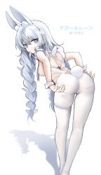 Rule 34 | + +, 1girl, absurdres, animal ear fluff, animal ears, ass, azur lane, bent over, blue eyes, bow, braid, breast curtains, breasts, character name, commentary, copyright name, expressionless, fake animal ears, fine fabric emphasis, from behind, grey background, hair bow, hairband, highres, in mouth, kemonomimi mode, le malin (azur lane), le malin (listless lapin) (azur lane), leaning forward, leotard, long hair, looking at viewer, looking back, low twin braids, medium breasts, official alternate costume, pantyhose, peneko, playboy bunny, rabbit ears, rabbit girl, rabbit tail, shadow, silver hair, simple background, skindentation, solo, standing, tail, thigh strap, twin braids, very long hair, white background, white bow, white pantyhose, wrist cuffs