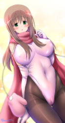 Rule 34 | 1girl, blush, breasts, brown hair, cameltoe, character request, cleft of venus, copyright request, covered erect nipples, elbow gloves, gloves, green eyes, kamogawa tanuki, large breasts, leotard, long hair, looking at viewer, navel, open mouth, pantyhose, saki, saki (manga), saki achiga-hen, simple background, solo, tight clothes