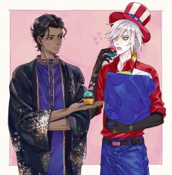 Rule 34 | 2boys, american flag, american flag hat, american flag print, arjuna (fate), arjuna (traveling outfit) (fate), bag, belt, bishounen, black belt, black eyes, black gloves, black hair, blue eyes, blue pants, border, closed mouth, commentary request, cowboy shot, cupcake, dark-skinned male, dark skin, dress shirt, earrings, elbow gloves, fate/grand order, fate (series), flag print, food, gloves, hair between eyes, hair strand, hand up, hat, heroic spirit traveling outfit, holding, holding bag, holding food, indian clothes, izkeycc, jewelry, karna (fate), karna (traveling outfit) (fate), looking at another, male focus, multiple boys, open mouth, pale skin, pants, pink background, purple robe, red shirt, robe, shirt, short hair, sleeves rolled up, standing, sweatdrop, top hat, white border, white hair, wide sleeves
