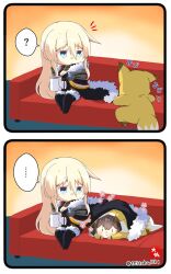 Rule 34 | ..., 2girls, 2koma, :3, ?, alternate costume, animal costume, aqua eyes, azur lane, bismarck (azur lane), black cape, black hair, blonde hair, breasts, cape, cleavage, coffee, coffee mug, comic, commentary request, couch, cross, crossover, cup, fox costume, hair between eyes, holding, holding cup, iron cross, kaga (kancolle), kantai collection, long hair, looking at another, lying, medium breasts, mug, multiple girls, on back, sidelocks, silent comic, sitting, spoken question mark, taisa (kari)