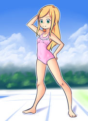 Rule 34 | 1girl, arm behind head, barefoot, blonde hair, blush, breasts, bush, cloud, collarbone, digimon, digimon frontier, drantyno, green eyes, hand on own hip, highres, long hair, looking down, model pose, one-piece swimsuit, orimoto izumi, pink one-piece swimsuit, sky, small breasts, smile, standing, swimsuit