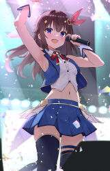Rule 34 | 1girl, absurdres, arm up, armpits, blue eyes, blue skirt, blue thighhighs, blue vest, blush, breasts, brown hair, collared shirt, commentary request, cropped shirt, cropped vest, diamond hair ornament, gold trim, hair flaps, hair ornament, hair ribbon, highres, holding, holding microphone, hololive, idol clothes, long hair, medium breasts, microphone, midriff, miniskirt, myonchi, navel, neck ribbon, open mouth, pleated skirt, red ribbon, ribbon, shirt, skirt, sleeveless, sleeveless shirt, solo, stage, stage lights, star (symbol), star hair ornament, thighhighs, tokino sora, tokino sora (1st costume), vest, virtual youtuber, waist cape, white shirt, white wrist cuffs, wrist cuffs