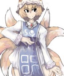 Rule 34 | 1girl, animal ears, blonde hair, dress, female focus, fox tail, hat, long sleeves, looking to the side, multiple tails, smile, solo, surcoat, tail, touhou, white background, white dress, yakumo ran