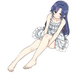 Rule 34 | 1girl, aa211108, bare legs, bare shoulders, barefoot, blue hair, blush, brown eyes, closed mouth, collarbone, dot nose, dress, flat chest, forehead, from above, full body, hands under leg, holding own leg, idolmaster, idolmaster (classic), idolmaster million live!, idolmaster million live! theater days, kisaragi chihaya, lace, lace-trimmed dress, lace trim, light smile, long hair, looking at viewer, official alternate costume, own hands together, parted bangs, pure onepiece (idolmaster), ribbon, sidelocks, simple background, sitting, solo, straight hair, waist ribbon, white background, white dress, white ribbon