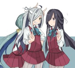 Rule 34 | 10s, 3girls, ahoge, asashimo (kancolle), black hair, blue hair, bow, bowtie, fake horns, green eyes, grey hair, grin, hair over one eye, hair ribbon, hand on own hip, hayashimo (kancolle), headband, horns, kantai collection, kiyoshimo (kancolle), long hair, long sleeves, looking at viewer, looking up, low twintails, multicolored hair, multiple girls, pantyhose, ponytail, purple hair, remodel (kantai collection), ribbon, riz (ravel dc), school uniform, skirt, sleeves rolled up, smile, twintails, v, very long hair