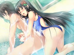 Rule 34 | 1girl, barefoot, black hair, blush, breasts, brown eyes, censored, competition swimsuit, cum, erect!, euphoria trinity, game cg, hair ornament, long hair, penis, piromizu, swimsuit, wet