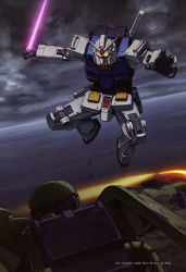 Rule 34 | absurdres, beam saber, cloud, gundam, heat hawk, highres, holding, holding weapon, horizon, jumping, mecha, mobile suit, mobile suit gundam, no humans, ocean, official art, outdoors, outstretched arm, overcast, robot, rx-78-2, sky, sunrise (company), weapon, zaku ii