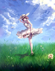 Rule 34 | 1girl, :d, absurdres, arm up, bad id, bad pixiv id, brown hair, cloud, day, dress, flower, grass, hat, highres, hmniao, leg up, open mouth, original, paper airplane, purple eyes, short hair, sky, smile, solo, white dress