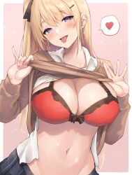 Rule 34 | 1girl, black skirt, blonde hair, blush, border, bra, breasts, brown cardigan, cardigan, cardigan lift, cleavage, collared shirt, commentary request, ear piercing, earrings, heart, highres, jewelry, large breasts, lifted by self, long hair, looking at viewer, navel, open clothes, open shirt, original, piercing, pink background, plaid, plaid skirt, ponytail, purple eyes, red bra, school uniform, shirt, simple background, skirt, solo, spoken heart, stomach, teeth, tongue, tongue out, underwear, uniform, upper body, upper teeth only, wasami (a27678193a)