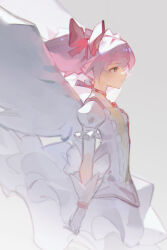 1girl absurdres bow chest_jewel choker dress fce_9 from_side gloves hair_bow highres kaname_madoka kaname_madoka_(magical_girl) magical_girl mahou_shoujo_madoka_magica mahou_shoujo_madoka_magica_(anime) pink_eyes pink_hair puffy_short_sleeves puffy_sleeves red_choker short_sleeves short_twintails solo twintails white_dress white_gloves